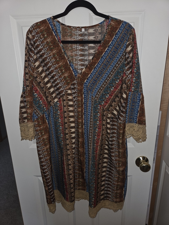 Other - Bohemian Brown & Blue V-Neck Swim Coverup with Crochet Trim